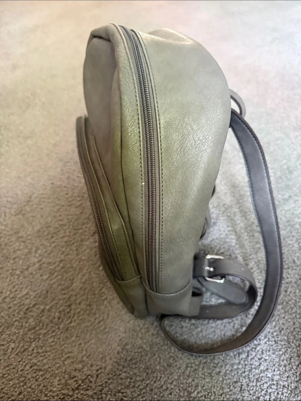 Nicole Miller Gray Faux Leather Backpack Bag. Adjustable Straps. 12”x12”x4”.